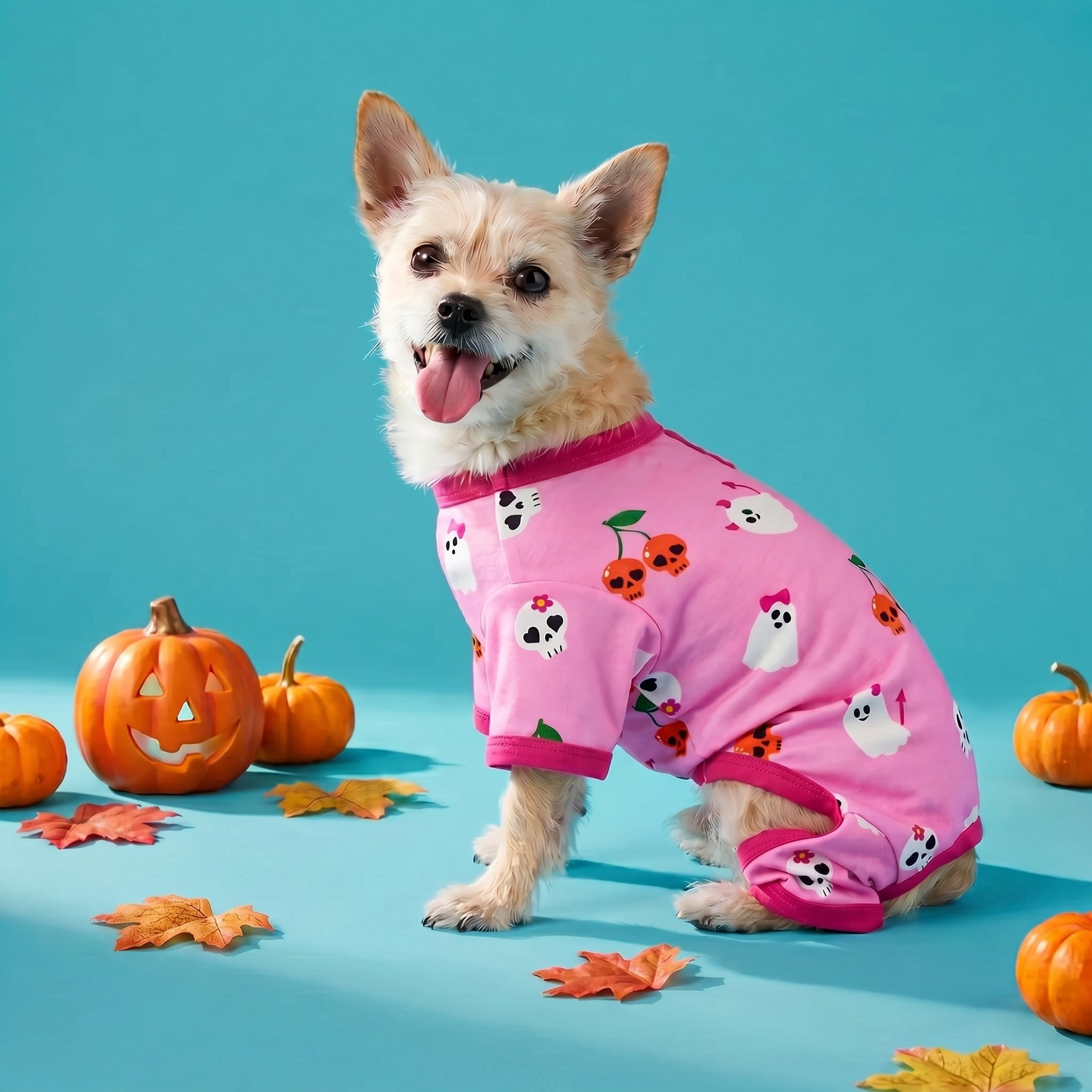 Vibrant Life Halloween Pajamas for Dogs and Cats, Skull Cherries and Ghosts, Pink, XS