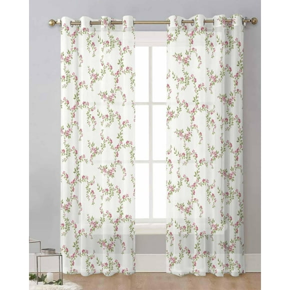 PinesC Pink Rose Sheer Curtains 72 Inch Length Grommet Semi Sheer Drapes for Living Room, Botanical Flowers Vines Minimalism Country Light Filtering Window Treatment Curtains for Bedroom, 2 Panels