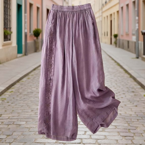 Mifsaly Wide Leg Cotton Linen Pants Women Casual Loose Trousers Elastic Waist Embroidered Detail Breathable Lightweight Summer Pant with Pockets XXL