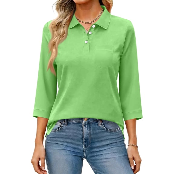 Polo Shirts for Women 3/4 Sleeve Tops Golf Tees 3-Button Collared Cotton Shirt Business Casual Green XL