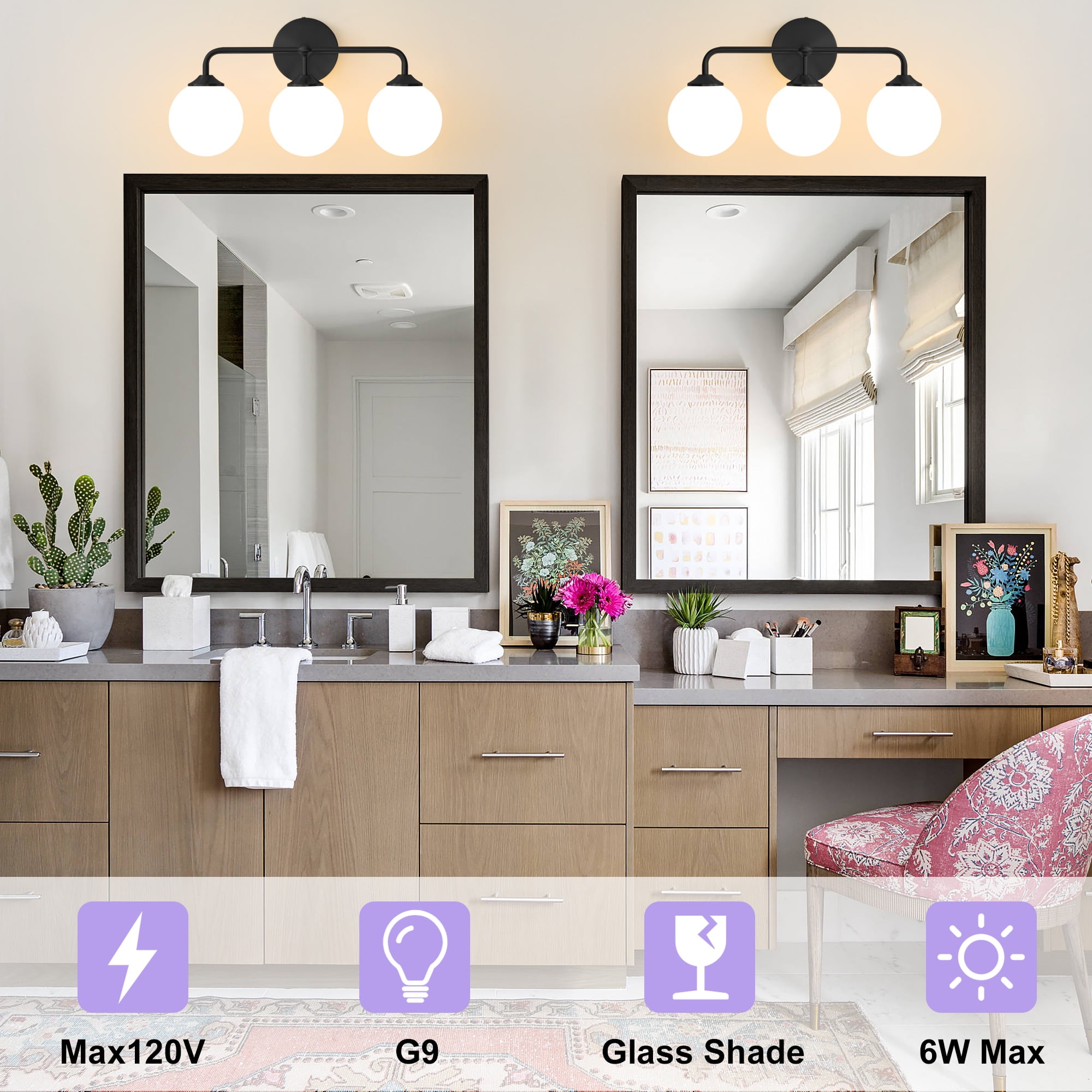 Modern Minimalist Style Vanity Lights Black 3 Light  Bathroom Vanity Light Fixtures