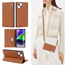 Feishell Crossbody Bag Wallet Case for iPhone 14 Plus,Shockproof Luxury PU Leather Zipper Pocket Magnetic Closure Folio Card Slot Flip Kickstand Phone Case with Shoulder Strap,Brown
