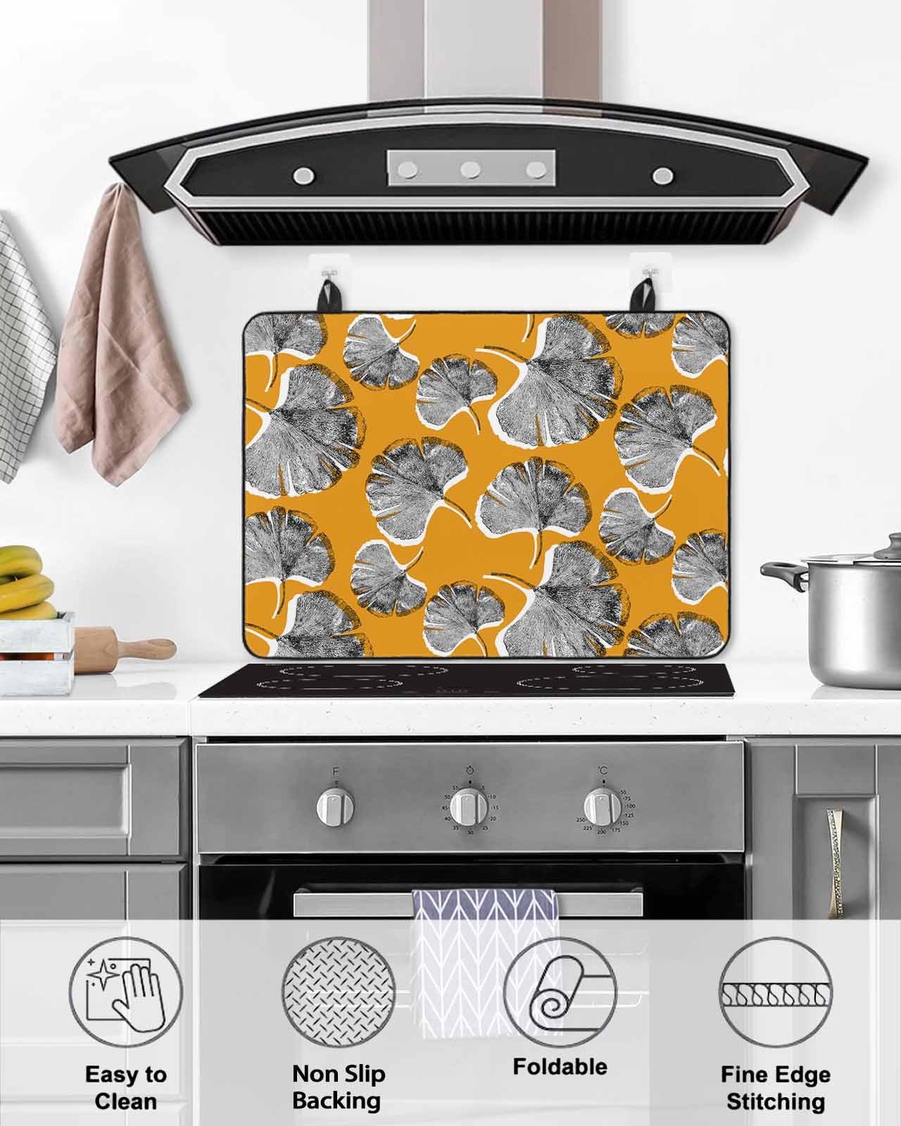 nqOlkjepod Large Induction Cooktop Protector Mat 24"x21", Grey Leaves Stove Top Covers for Electric Stove, Vintage Abstract Art Botanical Orange Stove Burner Cover Mats, Glass Top Stove Cover