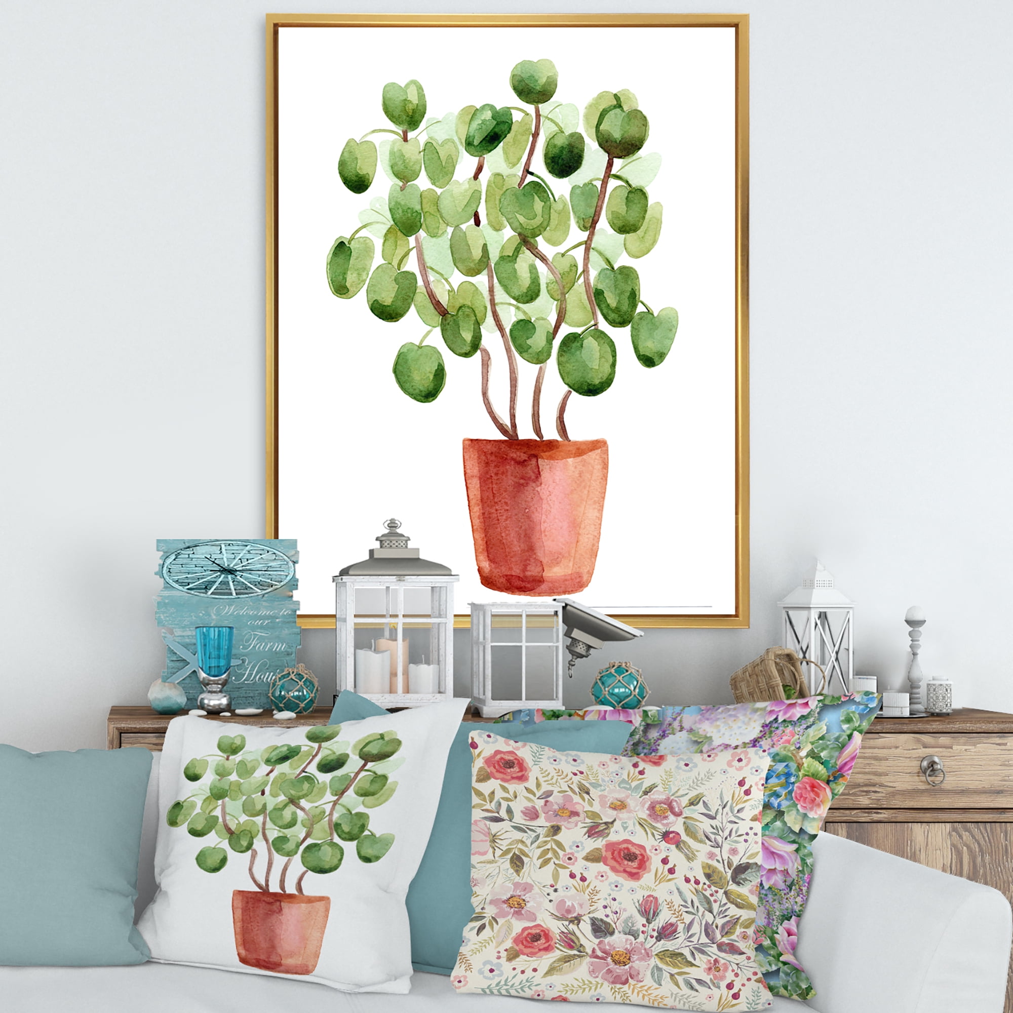 Designart 'Abstract Chinese Money Plant In Pot' Traditional Framed Canvas Wall Art Print