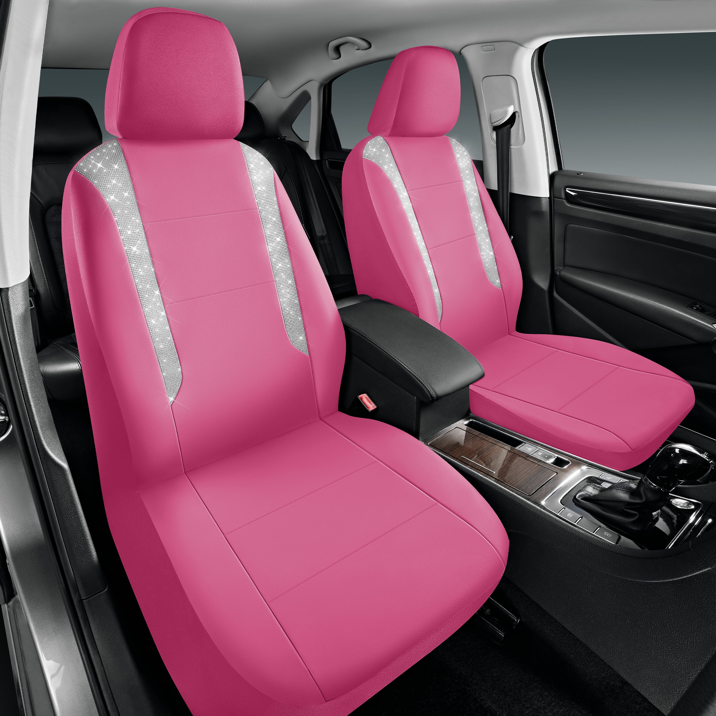 PIC AUTO Car Seat Cover - Sparkly Glitter and Hot Pink Leather, Waterproof Front Seat Covers for Girls & Women, Airbag Compatible, Universal Fit