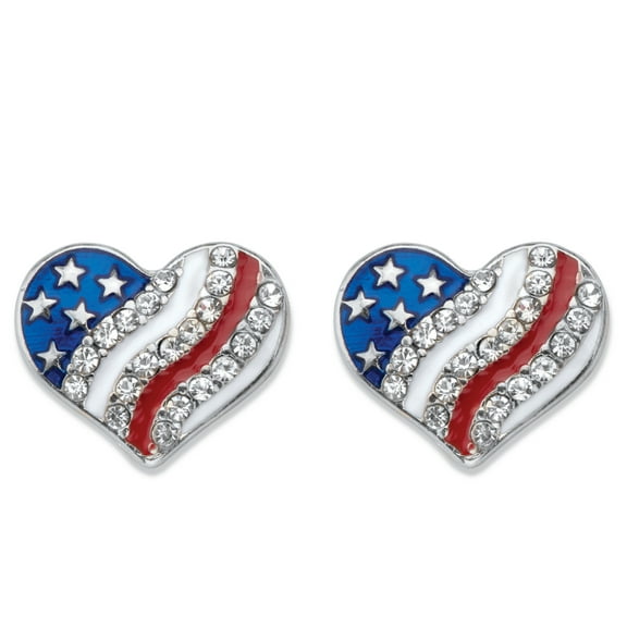 Crystal and Enamel Stainless Steel American Flag Patriotic Heart-Shaped Earrings