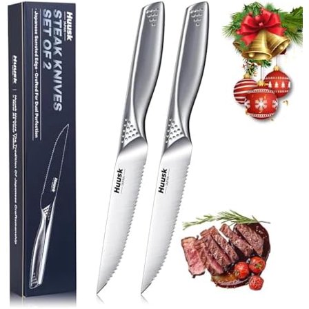 Serrated Steak Knives Set - 4.5" Japanese Stainless Steel Steak Knives Set of 2, Sharp Dishwasher Safe Dinner Knife for Kitchen Table with Gift Box, Christmas Gifts for Men Women$$