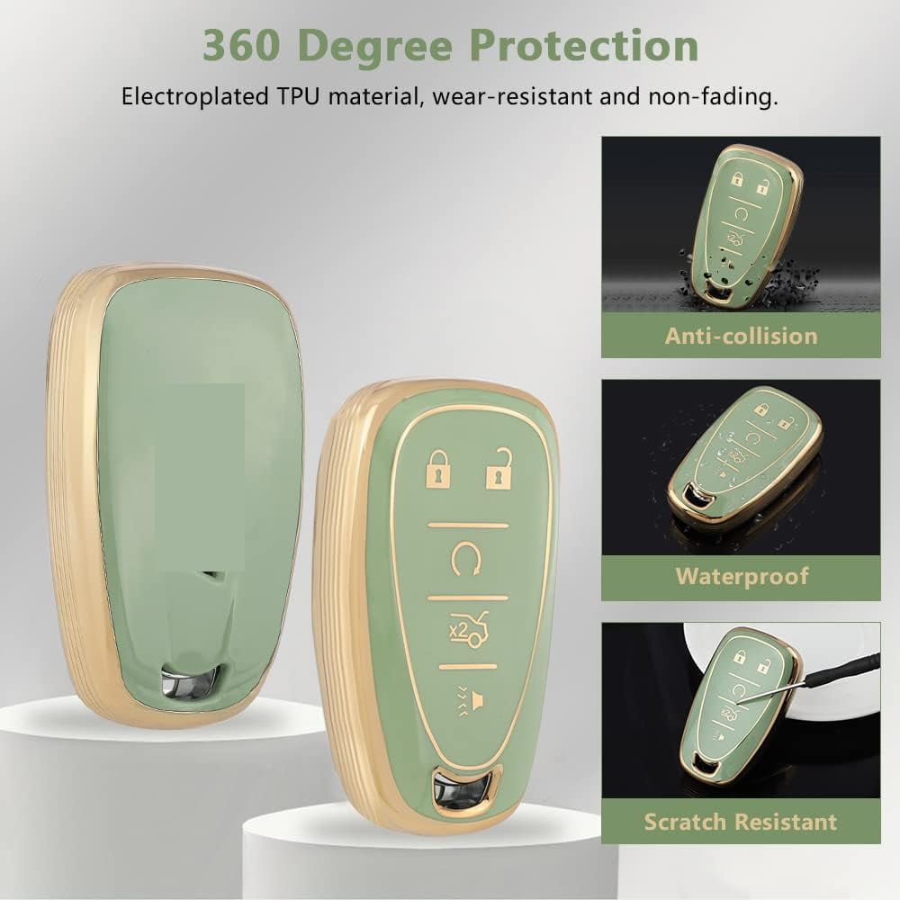 Stylish 5-Button TPU Key Fob Cover with Bling Keychain for Chevy Equinox Malibu Blazer Camaro Spark Traverse Trax Green Gold Protective Shell Case for Men and Women