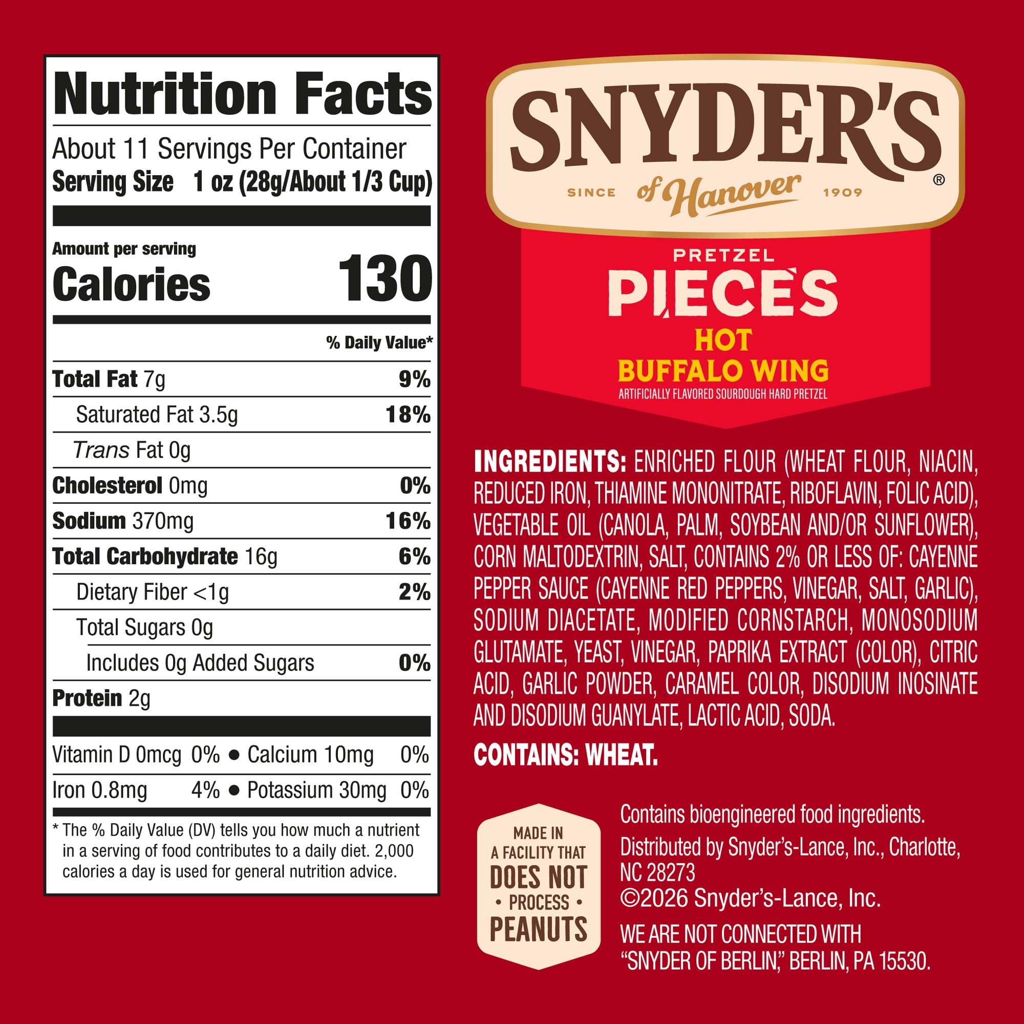 Snyder's of Hanover Hot Buffalo Wing Flavored Pretzel Pieces, 11.25 oz Bag