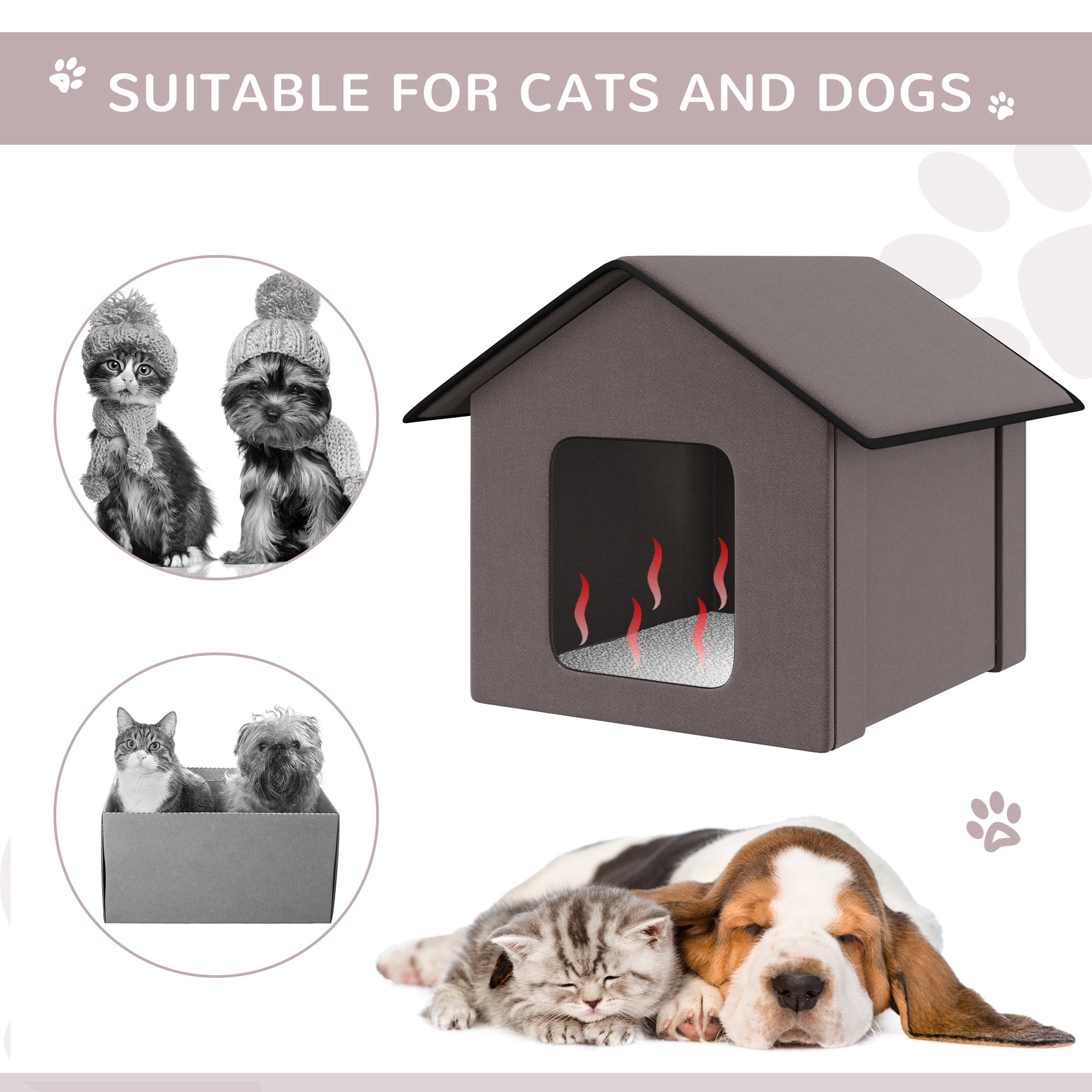 Pawhut Outdoor Heated Cat House, Brown , 21-in