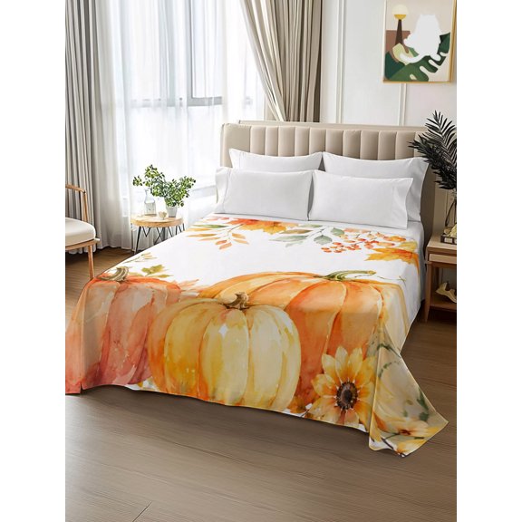 King Size Flat Sheet Only,Autumn Thanksgiving Pumpkins Soft Top Bed Sheets Breathable Bedding Sheet Maple Leaves Microfiber Hotel Luxury Top Sheets