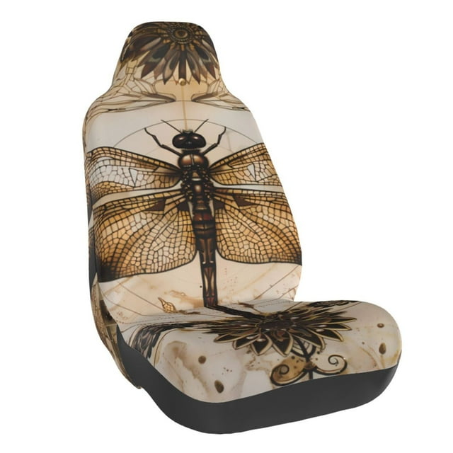 Wukai Vintage Dragonfly Artwork Full Set Car Seat Covers with Soft Padding Universal Auto Front Seats Protector and Cushion Mat