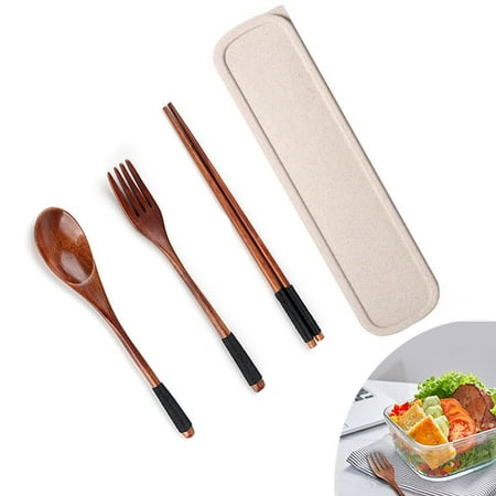 

CHUANK Wooden Flatware Set Chopsticks Spoon Fork Tableware Cutlery Set with Storage for Kitchen Home Picnic 3Pcs
