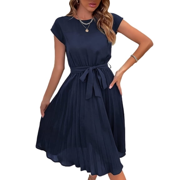 EASYBRA Pleated Midi Dress Solid Color Short Sleeve Casual Summer Dress Slim Fit Round Neck S–XXL