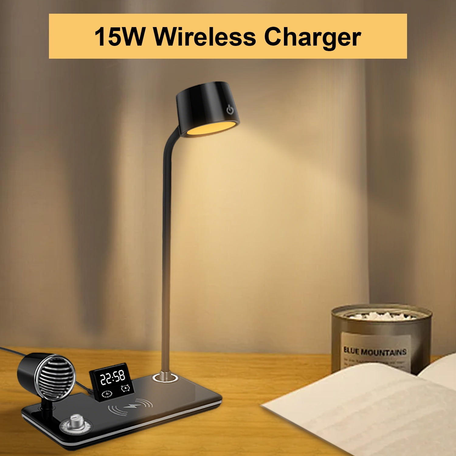 LED Desk Lamp, 4 in 1 Multifunction Table Lamp with Wireless Charger, Bluetooth Speaker Digital Clock, 360° Adjustable Gooseneck Arm with 3 Color Modes Dimmable Lamp for Home Office Bedroom, Black