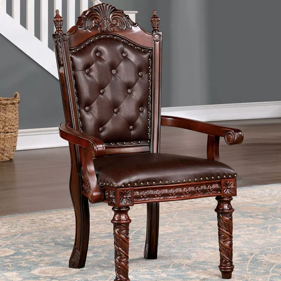 Majestic Traditional 2pc Dining Arm Chairs Tufted Dark Brown Leatherette Back Cushion Seat Dining Room