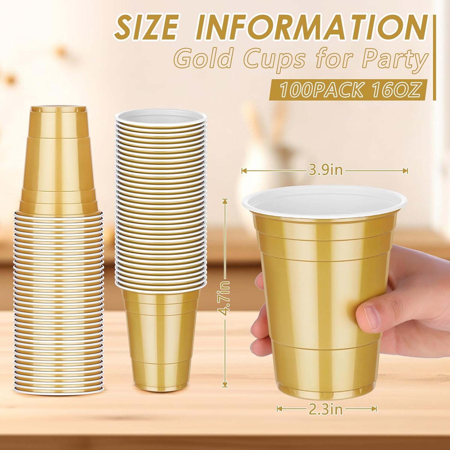 100 Pack 16 oz Gold Plastic Cups, Disposable Plastic Party Cups, Heavy Duty Drinking Water Cup for Wedding Birthday Graduation Valentine's Day Christmas Baby Shower Picnic Barbecues Supplies