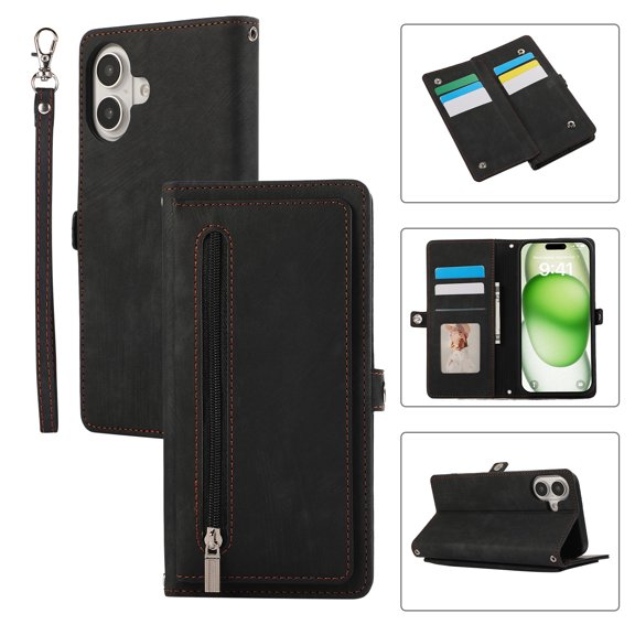 Allytechgroup Wallet Case for iPhone 16 Plus, [9 Card Slots] [Zipper Pocket] Luxury PU Leather Kickstand Magnetic Clasp Cover with Shoulder Strap & Hand Strap, Shockproof Anti-Fall Case, Black