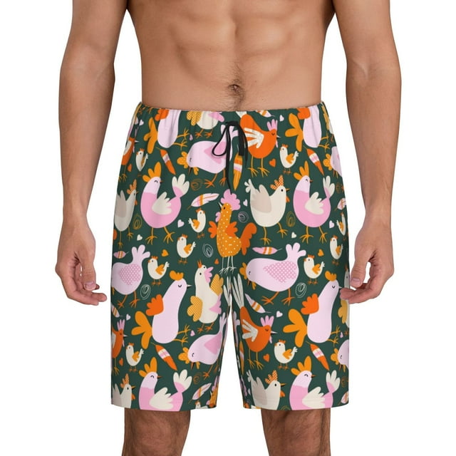 Balery Roosters and Chicks Pantalones cortos de pijama de punto de algodón para hombre con cinturilla y bolsillos-3X-Large
