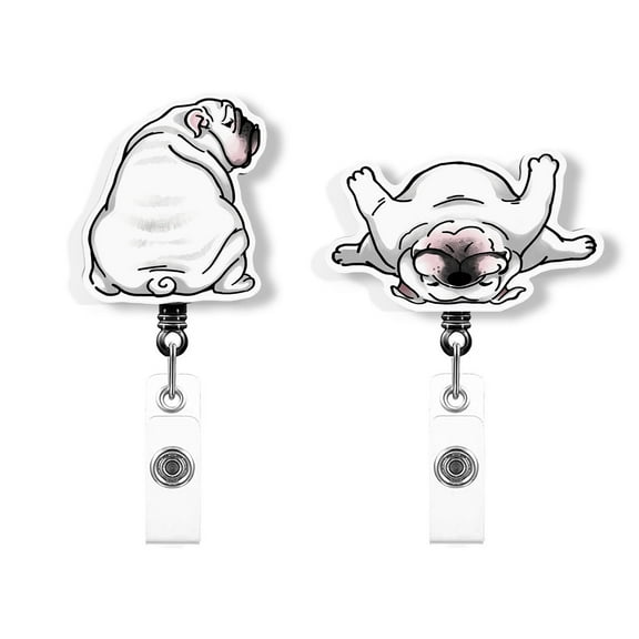 WIRESTER Set 2pcs Design Acrylic Key Card Holder Belt Clip Reel Id Badge Retractable - White English Bulldog Funny Playful Postures