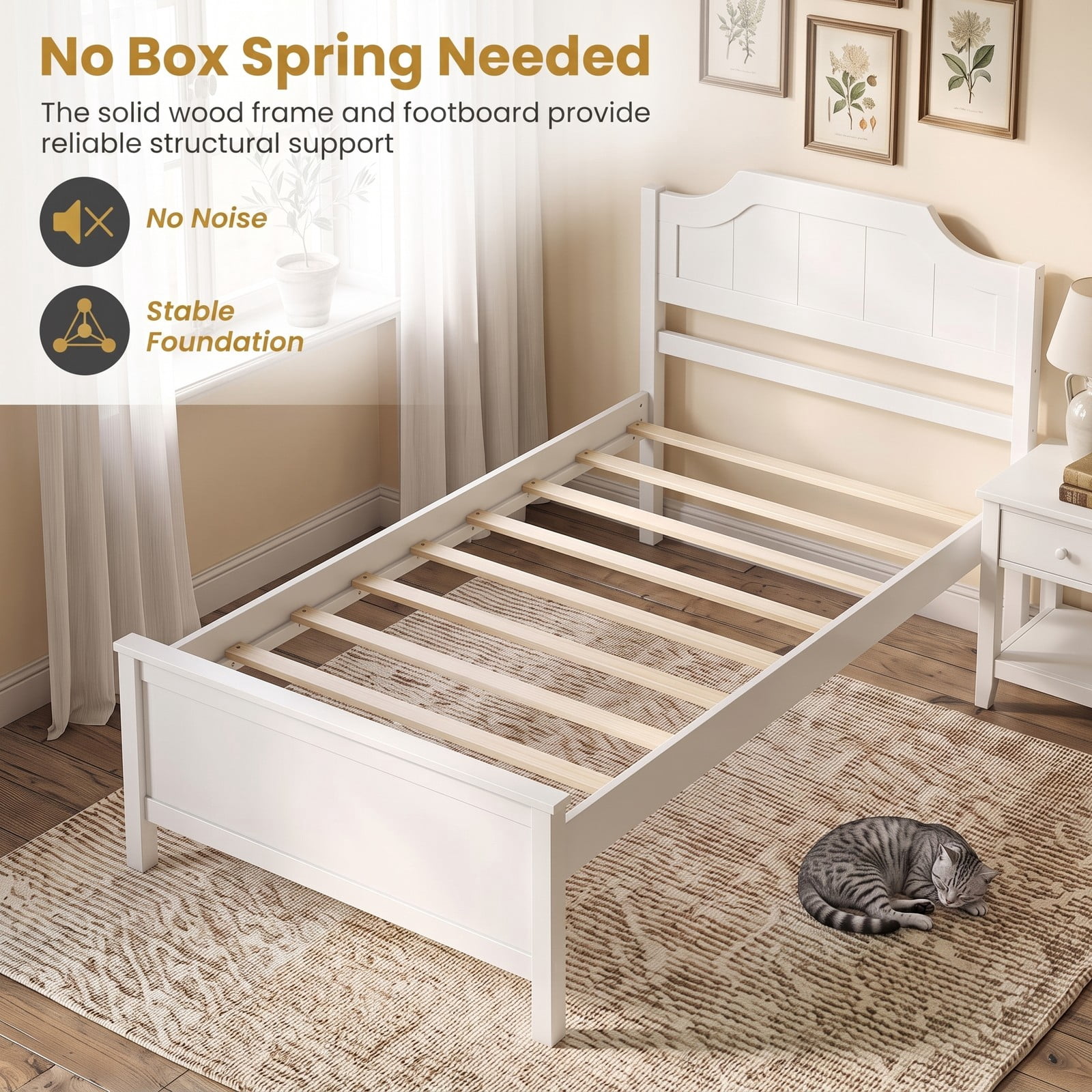 Furnibear Twin Bed Frame Solid Wood Platform Bed with Curved Headboard and Footboard, Wood Bed Frame with Headboard No Box Spring, White