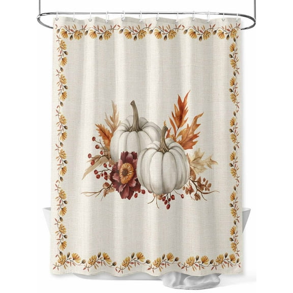 Fall Shower Curtain White Pumpkin Shower Curtains for Bathroom Thanksgiving Decor, Waterproof Polyester Shower Curtain Set with Hooks, Stall Long 36" x 72" Red Flower Maple Leaves Beige