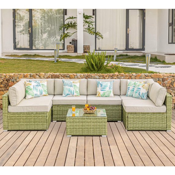 COSIEST 7-Piece Outdoor Furniture Set Olive Green Wicker Sectional Sofa