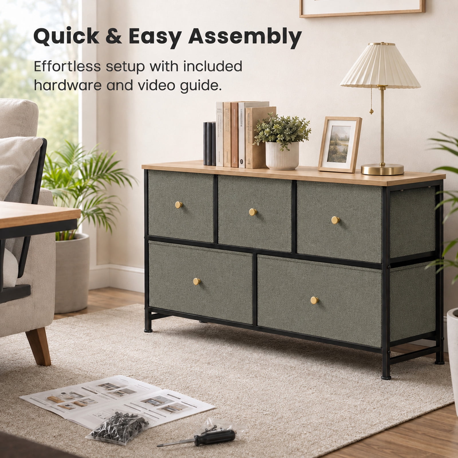 Alvantor 5/7 Drawer Fabric Dresser, Storage Tower for Bedroom and Closet, Chest of Drawers with Sturdy Steel Frame & Wooden Top for Living Room, Entryway