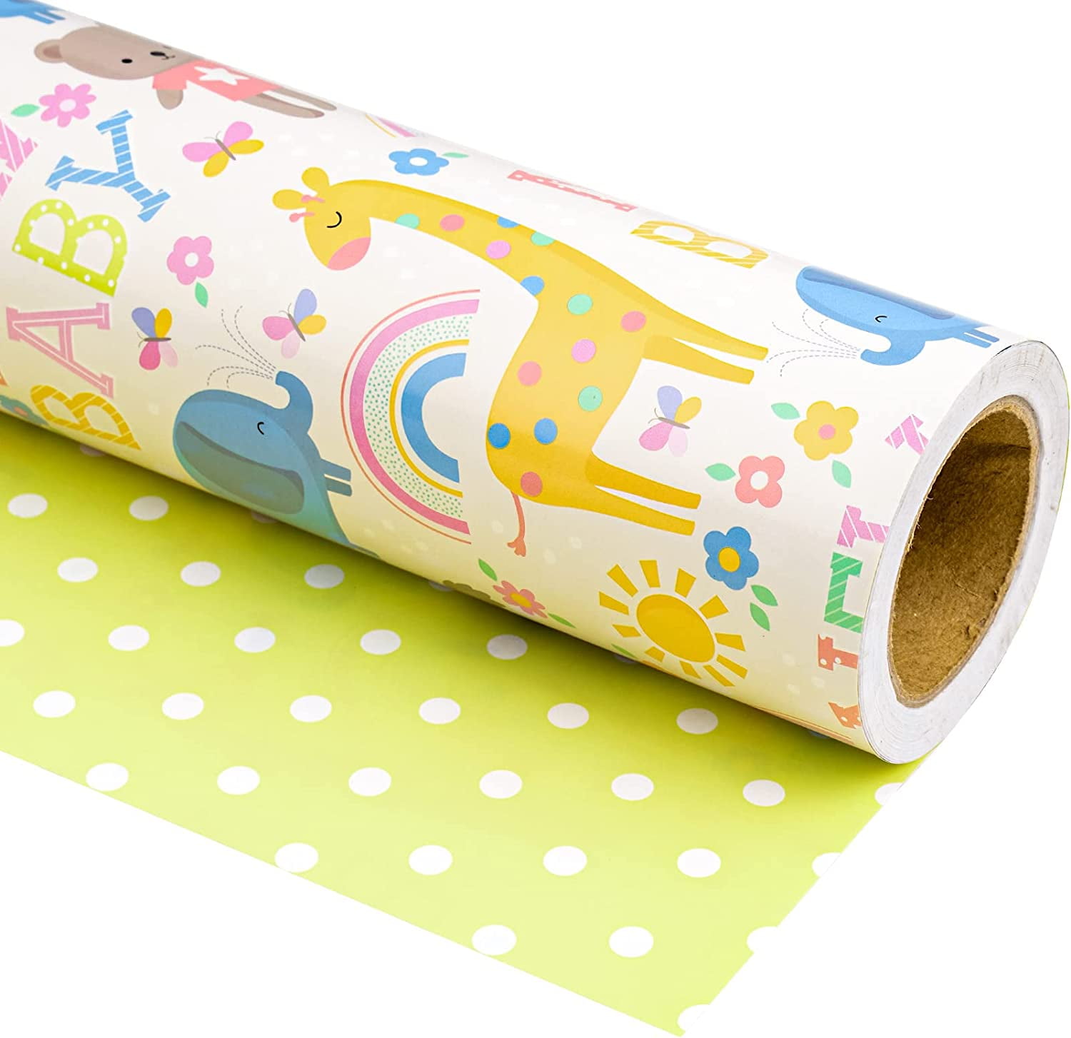 WRAPAHOLIC Reversible Baby Shower Wrapping Paper Mini Roll 17 Inch
