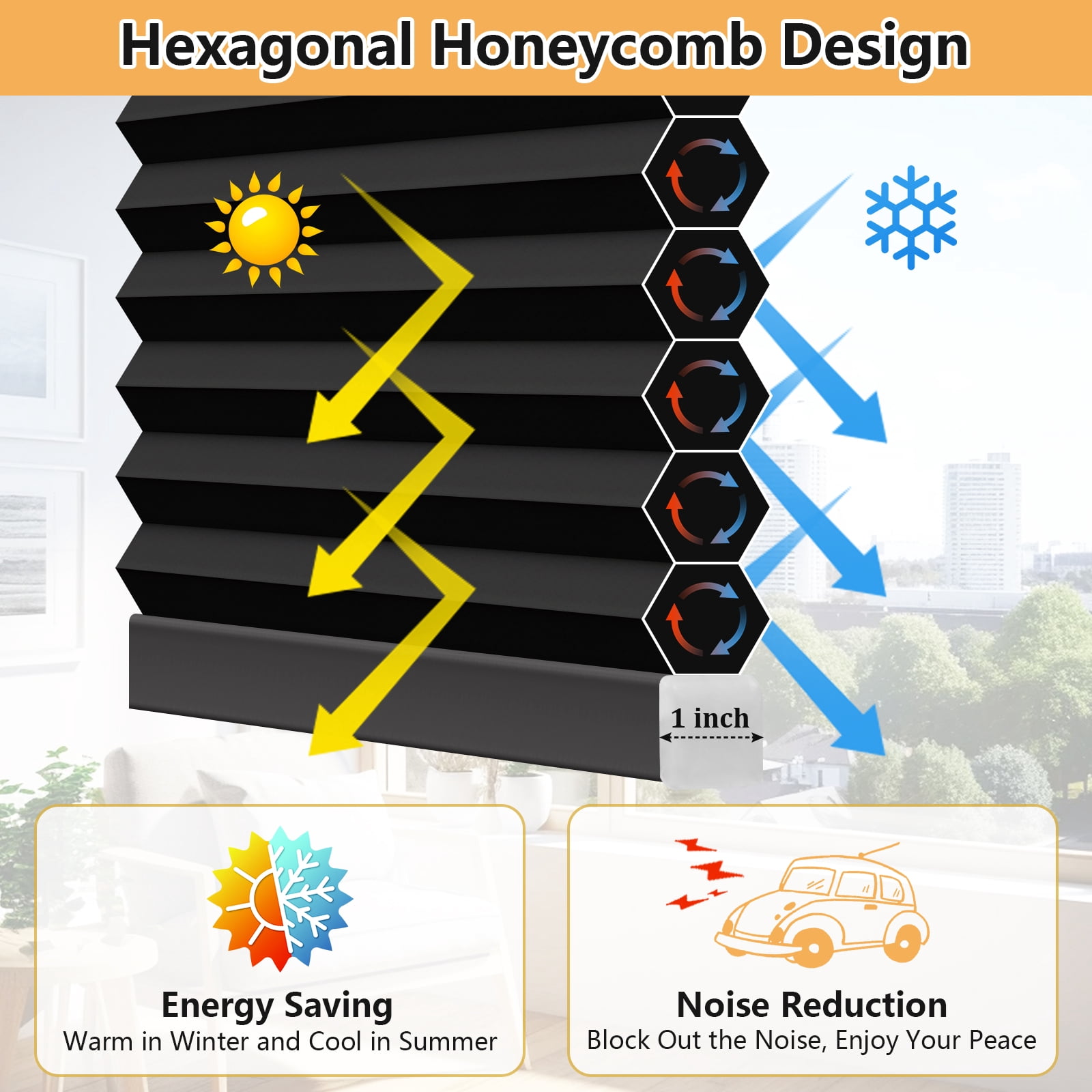 Jane Stone No Drill 34x48" Blackout Cellular Shades, Cordless Free Stop Honeycomb Blinds, Thermal Insulating & Noise Reducing Window Blinds, Black