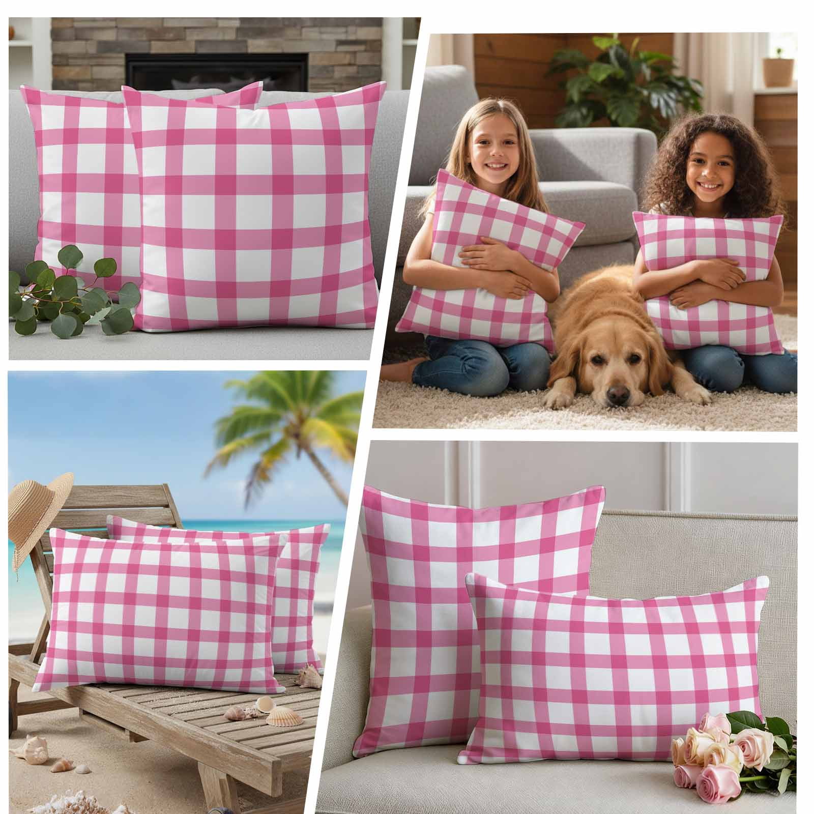 Pink and Pillow Covers 2 Pack White Checker Plaid Pillowcase Waterproof Outdoor Throw Pillow Cover for Patio Garden Square Cushion 18”x18”