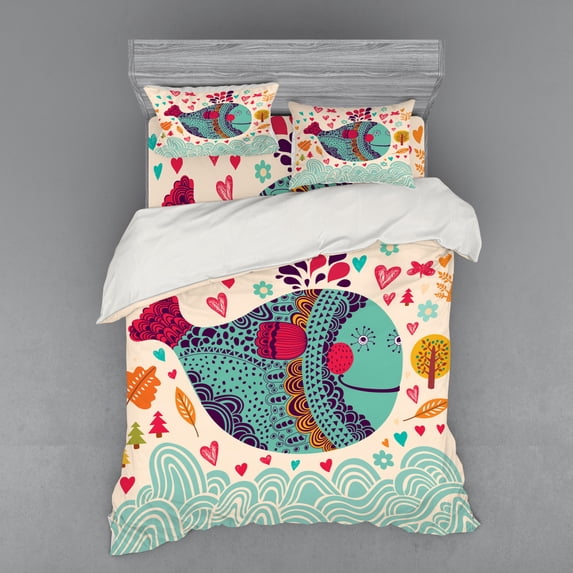 Whale Duvet Cover Set, Colorful Ornamental Designed Big Whale with Waves Plants and Hearts Around Print, Bedding Set with Shams and Fitted Sheet, 3 Sizes, by Ambesonne