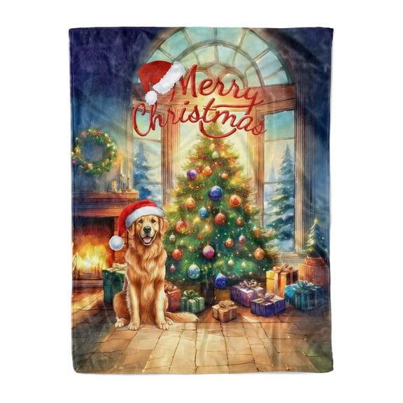 Merry Christmas Golden Retriever Santa Hat Xmas Tree Winter Holiday Cozy Fleece Blanket Goldens Dog Lover Gifts Idea Warm Soft Throw Blanket - 01013