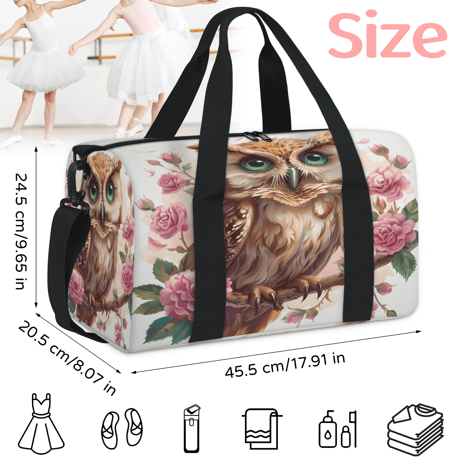 Herdesigns Cartoon Owl Travel Duffle Bag Sports Yoga Weekender Overnight Carry on Workout Bags Lightweight Waterproof Gym Tote Bag for Women Cute Animal