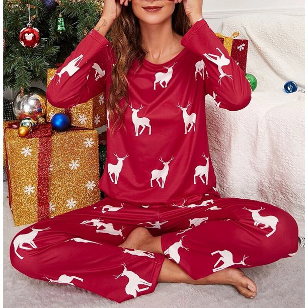 Conjunto de pijamas navideños para mujer, Tops con estampado de Papá Noel de manga larga y cuello redondo, pantalones largos con apertura de pierna y cintura elástica, ropa de dormir de Navidad