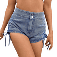 thumbnail image 3 of Dycnvjo Women'S High Waisted Drawstring Ruched Tie Side Skinny Denim Stretch Shorts Light Blue L, 3 of 7