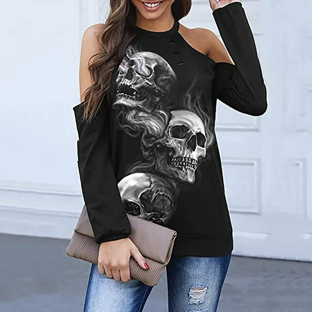 Pntutb Blusa de manga larga con cuello redondo y estampado de Halloween para mujer a la moda de verano Pntutb Pntutb-1195