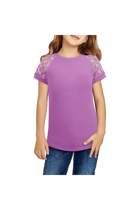 Girls Summer Casual Tops Girls Short Sleeve Shirts Lace Kids Casual Loose Soft Blouse Tops T Shirt Summer Clothes,Purple 6-7 Years