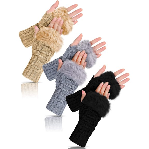 3 Pairs Fingerless Winter Gloves Faux Fur Crochet Warm Middle Length Thumb Hole Fingerless Gloves Arm Warmers