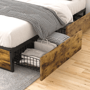 Einfach Full Size Metal Platform Bed Frame with 4 XL Storage Drawers and Footboard, Unique Design, Brown