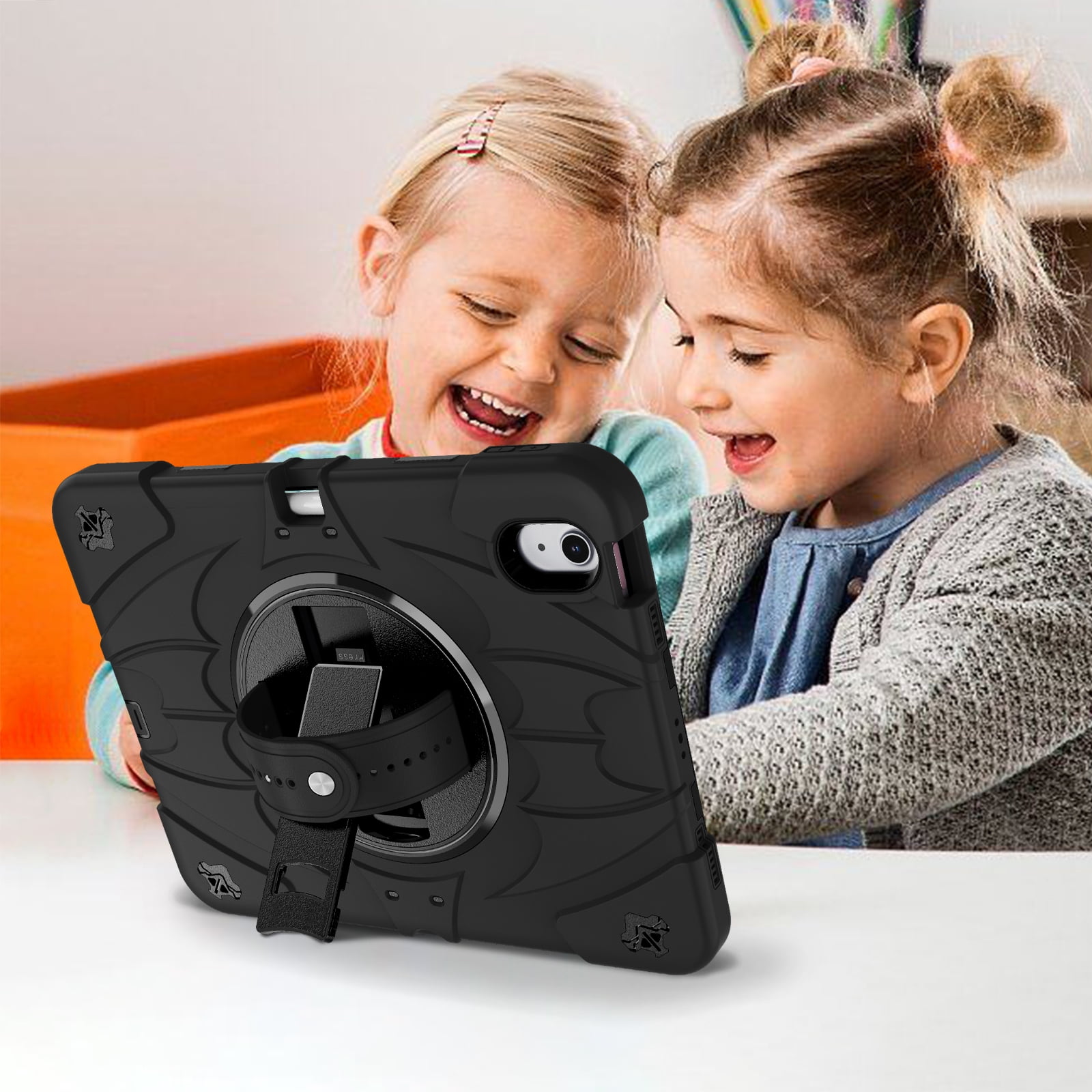 ELEHOLD Case for Apple iPad Air 11 (2024), Heavy Duty Shockproof Case with Pencil Holder/Stand/Hand Strap/Shoulder Belt, Rugged Protective Cover for Boys Girls,Black
