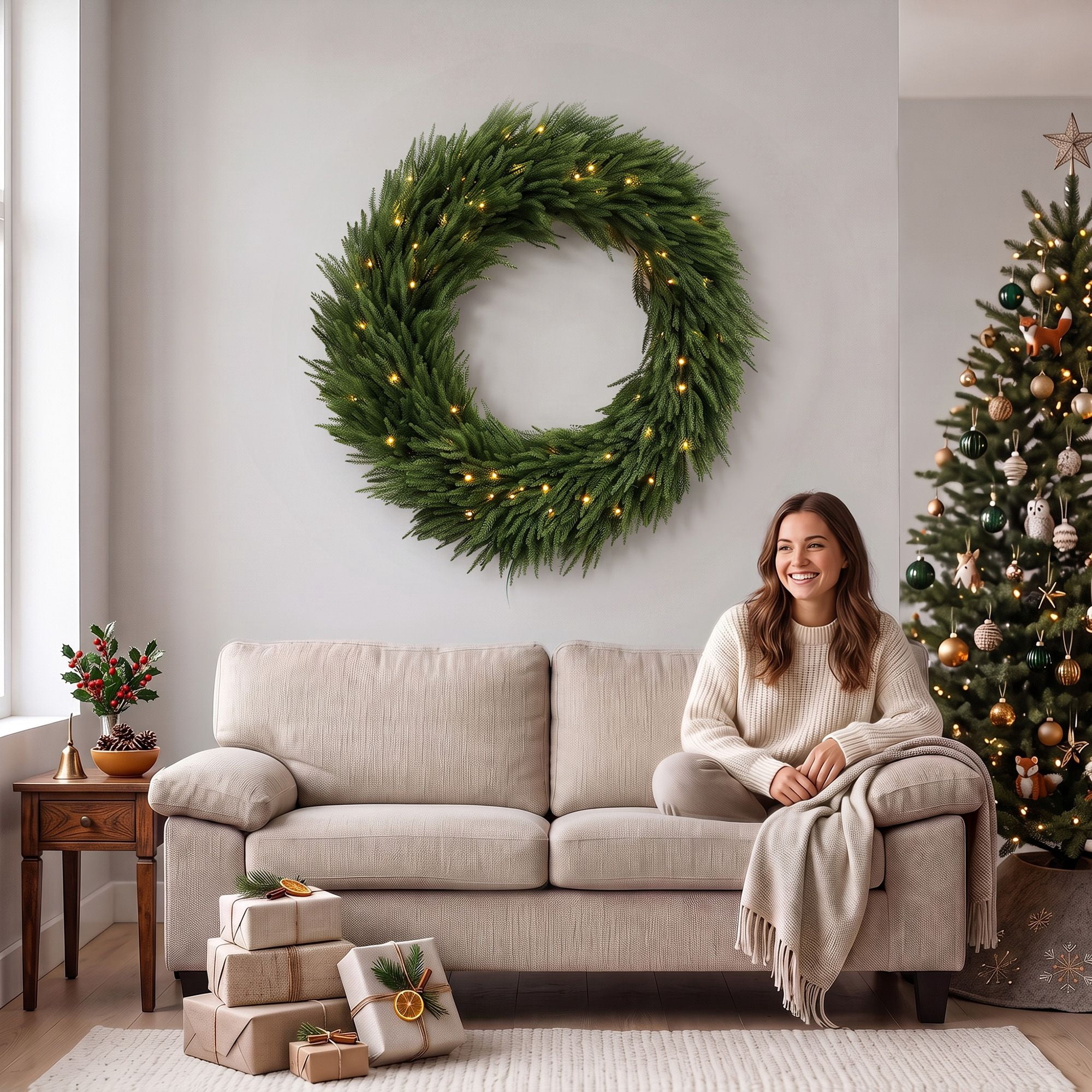 Pre-Lit Artificial Christmas Wreath, 36 in Norfolk Pine Design with 100 Warm White LED Lights, 560 Branch Tips, Indoor and Covered Outdoor Holiday Door Decor