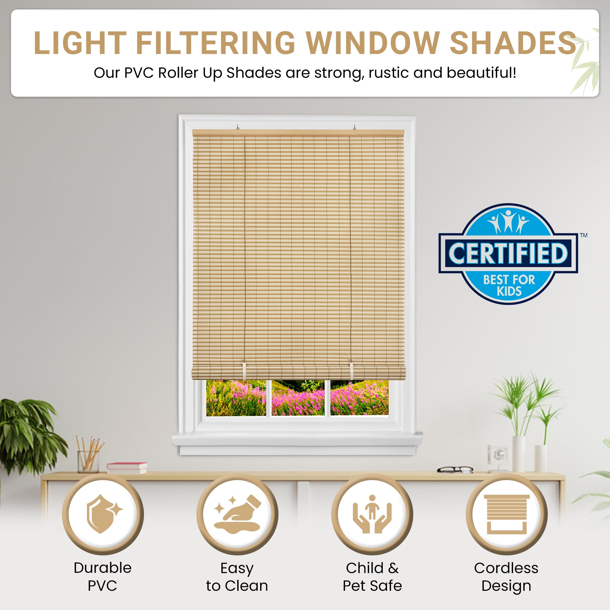 PowerSellerUSA Oval Cordless Blinds, Roll-Up Roller Shades for Windows and Doors, Light Filtering and Shades Privacy Window Treatment for Home - 30" (Width) x 72" (Length) Beige