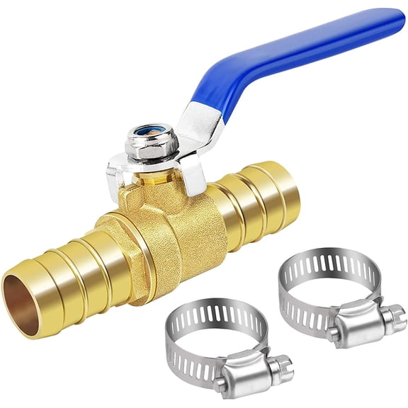 Brass Hose Barb Ball Valve Kit-1pcs 5/8" Heater Hose Shut Off Valve with Stainless Steel Clamps-High Temperature Resistance Shut off PEX Ball Valve for Water, Oil, Gas, Fuel line Fittings
