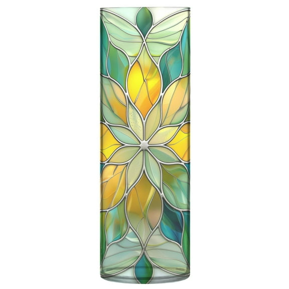 Clear Flower Vase Centerpieces Plastic Cylindrical Vases Home Wedding Decor 4"x12" Abstract Yellow Green Floral Stained Glass