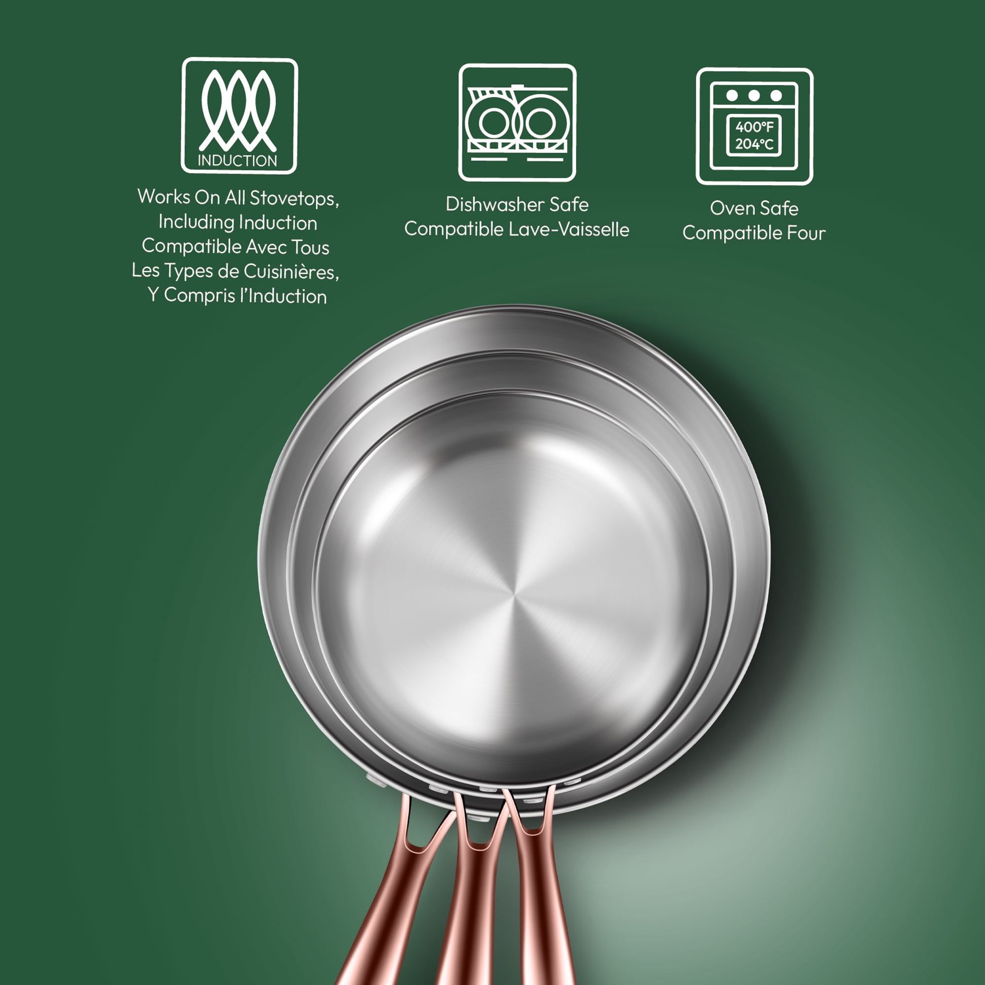 Kitchen Star 3 Ply Series Stainless Steel Fry Pan Set, 20-26-30 cm, Gold Handle, Easy Cleanup