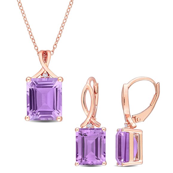 Miabella Women's 12-1/5 Carat T.G.W. Octagon-Cut Rose de France and White Topaz Rose Gold Flash Plated Sterling Silver Twist Design Solitaire Leverback Earrings and Necklace Set