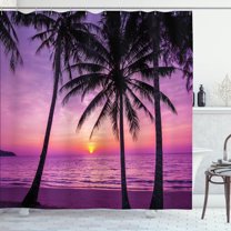 Ocean Shower Curtain, Palm Trees Silhouette at Sunset Dreamy Dusk Warm Exotic Twilight Scenery Image, Fabric Bathroom Set with Hooks, Purple Black, by Ambesonne