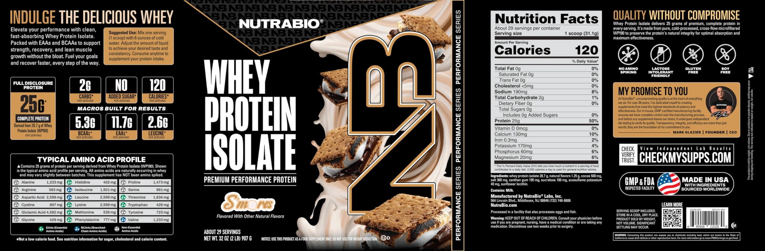 NutraBio 100% Whey Protein Isolate Protein Powder, 25g Protein with Complete Amino Acid Profile, Non-GMO, Soy & Gluten Free, Low Carb, Low Calorie Whey Protein Powder, S'Mores, 2 Lbs