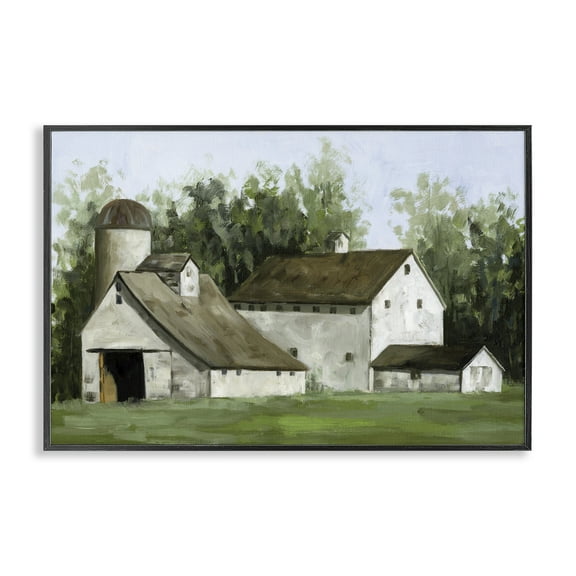 Stupell Industries White Barn Farmhouse Landscape Painting Black Framed Art Print Wall Art, 18 x 12